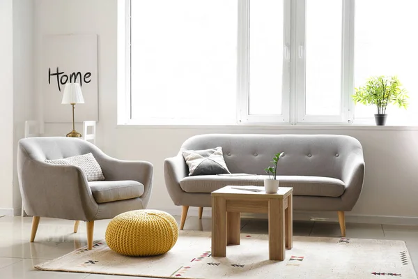 Interior Light Living Room Grey Sofa Armchair Window — Stock Photo, Image