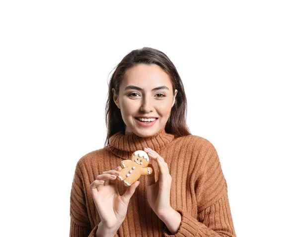 Улыбающаяся Молодая Женщина Вкусным Пряничным Печеньем Белом Фоне — стоковое фото