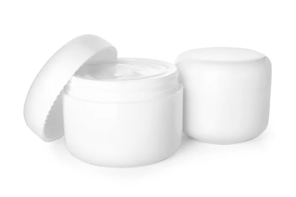 Potten Met Natuurlijke Cosmetische Crème Geïsoleerd Witte Achtergrond — Stockfoto