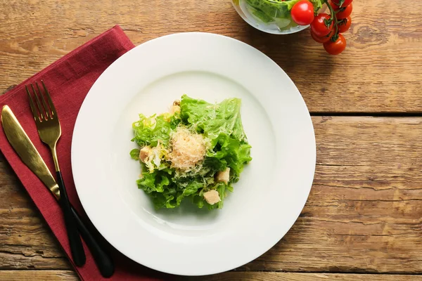 Plate Tasty Vegan Caesar Salad Wooden Background — Stock Photo, Image