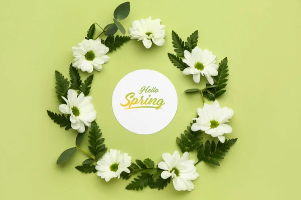 Composition Flowers Fern Leaves Card Green Background Hello Spring — Stock Photo, Image