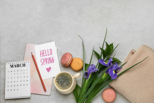 Kort Med Text Hello Spring Kalender Kopp Kaffe Kakor Och — Stockfoto