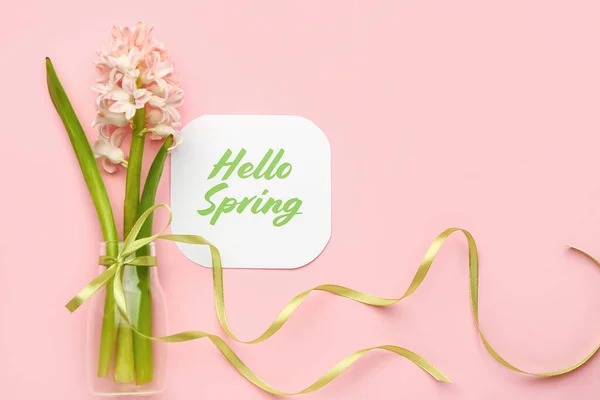 Card Text Hello Spring Beautiful Hyacinth Flower Pink Background — Stock Photo, Image