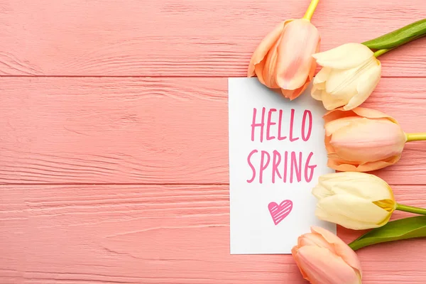 Kaart Met Tekst Hello Spring Mooie Tulp Bloemen Kleur Houten — Stockfoto