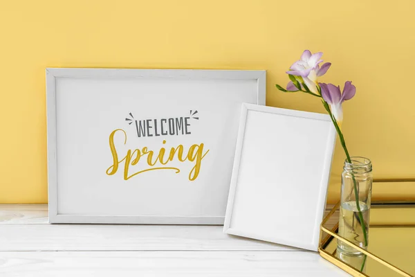 Picture Frame Text Welcome Spring Freesia Flowers Table — Stock Photo, Image