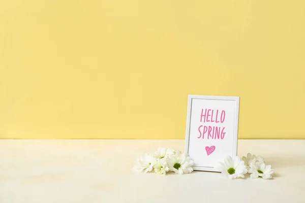 Picture Frame Text Hello Spring Chrysanthemum Flowers Table Color Background — Stock Photo, Image