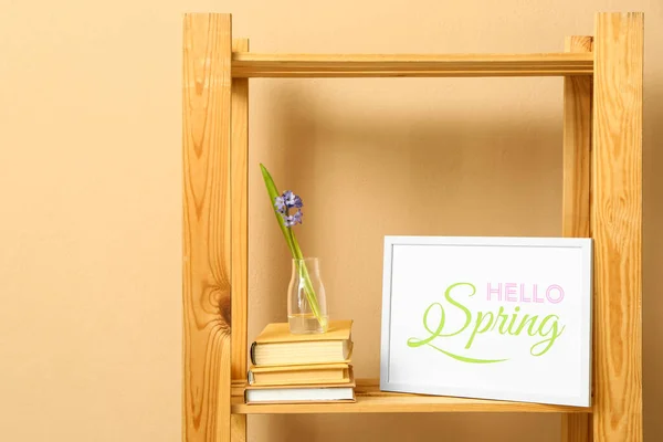Picture Frame Text Hello Spring Books Hyacinth Flower Wooden Shelf — Stock Photo, Image