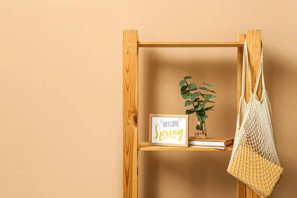 Picture Frame Text Welcome Spring Books Eucalyptus Branches Wooden Shelf — Stock Photo, Image
