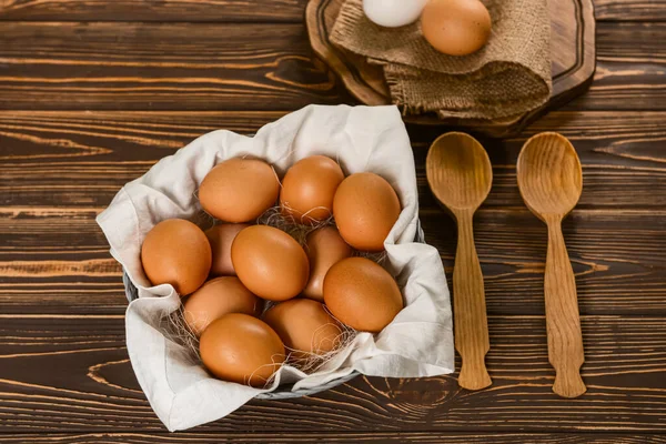 Basket Fresh Chicken Eggs Wooden Background — Stock Photo, Image