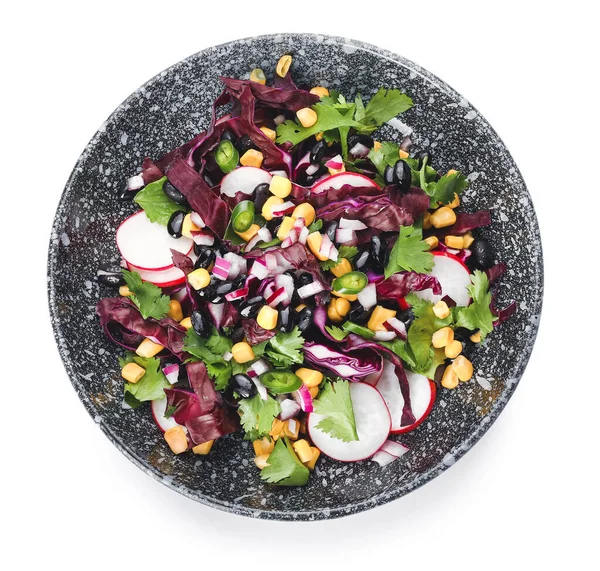墨西哥蔬菜沙拉碗 配上黑豆和白底萝卜 — 图库照片