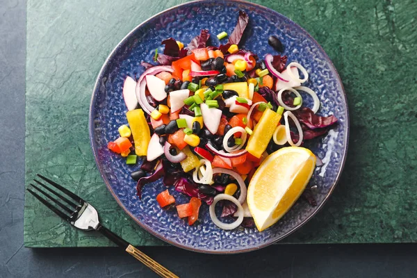 Plate Delicious Mexican Vegetable Salad Black Beans Radish Table Closeup — Stock Photo, Image