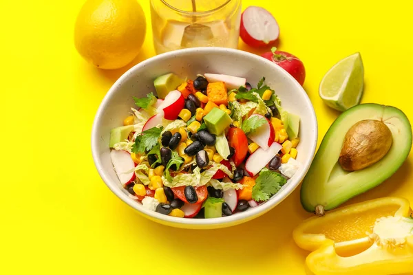 Bowl Mexican Vegetable Salad Black Beans Radish Ingredients Yellow Background — Stock Photo, Image