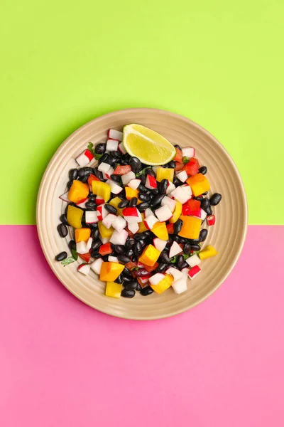 Plate Tasty Mexican Salad Radish Black Beans Color Background — Stock Photo, Image