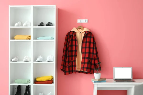 Interior Room Workplace Shelf Unit Hoodie Hanging Wall — Stock Photo, Image