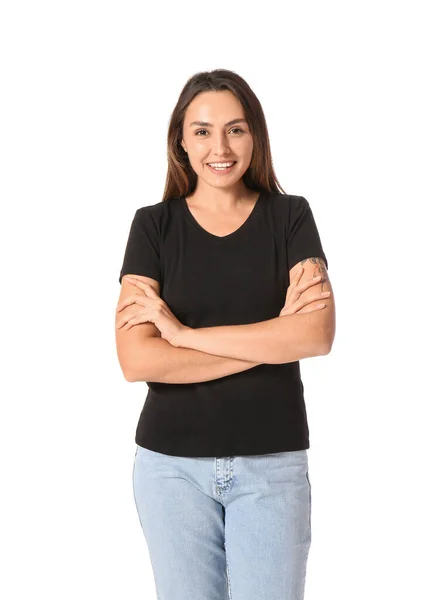 Mujer Joven Camiseta Blanco Sobre Fondo Blanco —  Fotos de Stock