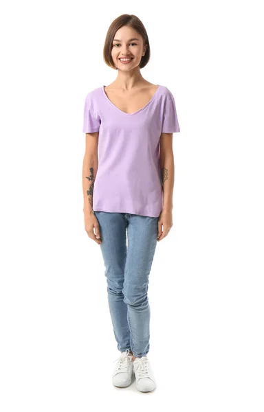 Schöne Junge Frau Stylischem Shirt Auf Weißem Hintergrund — Stockfoto