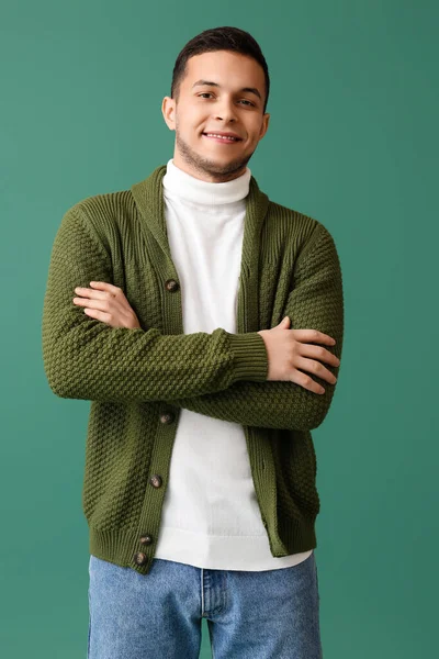 Young Man Jumper Green Background — Stock Photo, Image