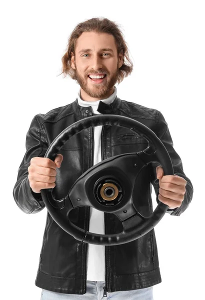 Handsome Man Steering Wheel Isolated White — Stock Photo, Image
