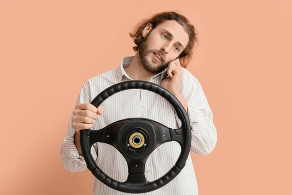 Handsome Man Steering Wheel Talking Phone Color Background — Stock Photo, Image