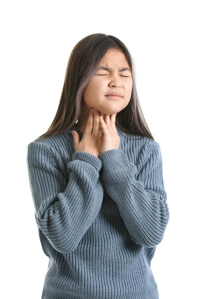 Ill Asian Girl Sore Throat White Background — Stock Photo, Image