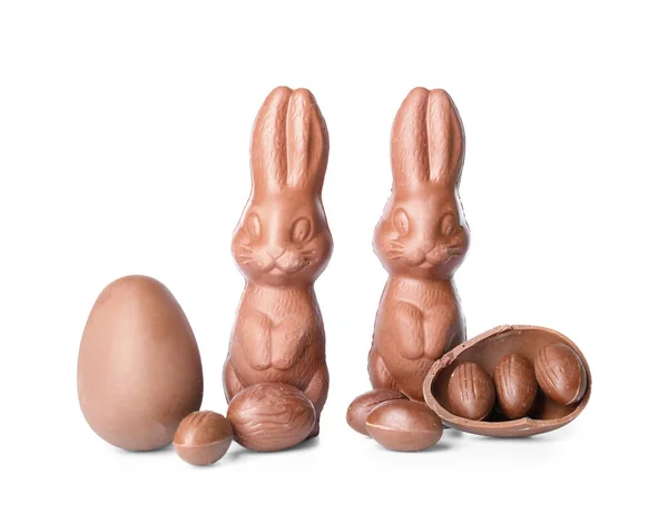 Chocolate Easter Bunnies Eggs White Background — Stock Photo, Image
