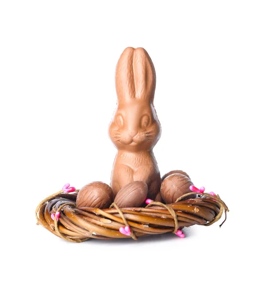 Nest Chocolate Easter Bunny Eggs White Background — Stock Photo, Image