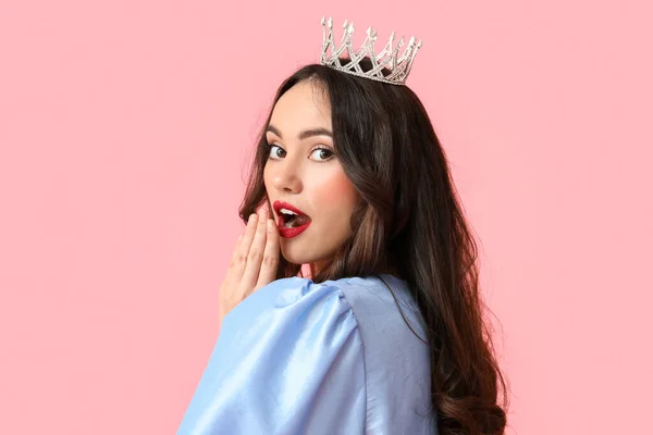 Beautiful Surprised Young Woman Stylish Dress Tiara Pink Background — Stock Photo, Image