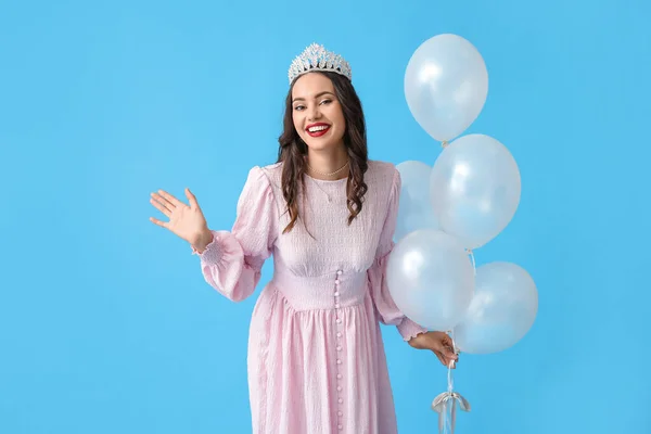 Beautiful Young Woman Stylish Dress Tiara Holding Balloons Blue Background — Stock Photo, Image