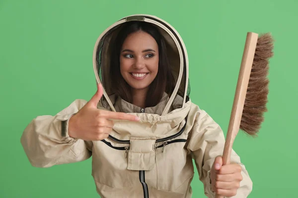 Female Beekeeper Color Background — Stock Photo, Image