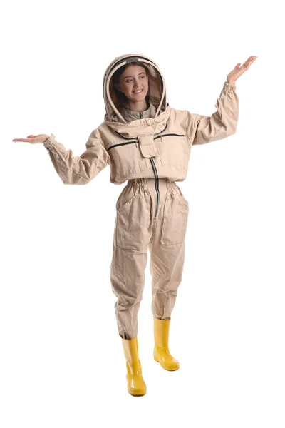 Female Beekeeper Protective Suit White Background — Stock Photo, Image