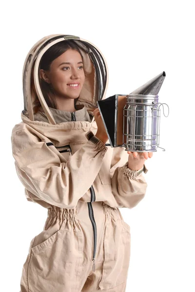 Female Beekeeper Protective Suit Smoker White Background — Stock Photo, Image