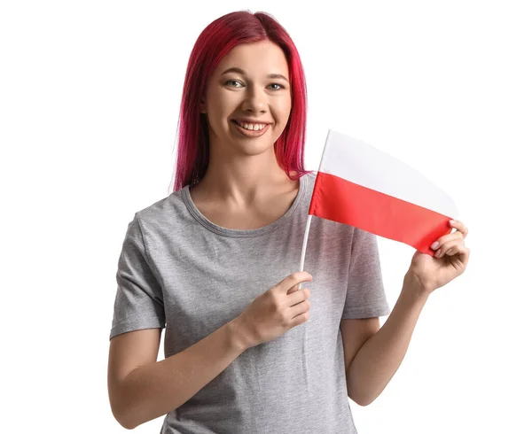 Красивая Молодая Женщина Флагом Польши Изолированы Белом — стоковое фото