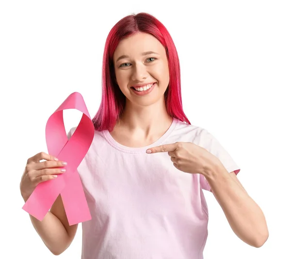 Junge Frau Mit Rosafarbener Schleife Auf Weißem Grund Brustkrebs Aufklärungskonzept — Stockfoto