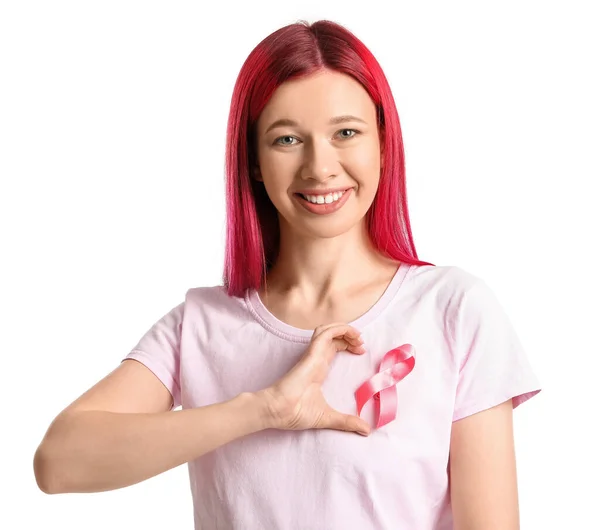 Mulher Jovem Com Fita Rosa Isolada Branco Conceito Consciência Câncer — Fotografia de Stock
