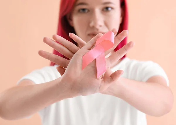 Young Woman Pink Ribbon Color Background Closeup Breast Cancer Awareness — Stock Photo, Image