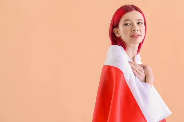 Красивая Молодая Женщина Флагом Польши Цветном Фоне — стоковое фото