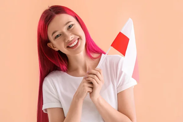 Mulher Muito Jovem Com Bandeira Polônia Fundo Cor — Fotografia de Stock
