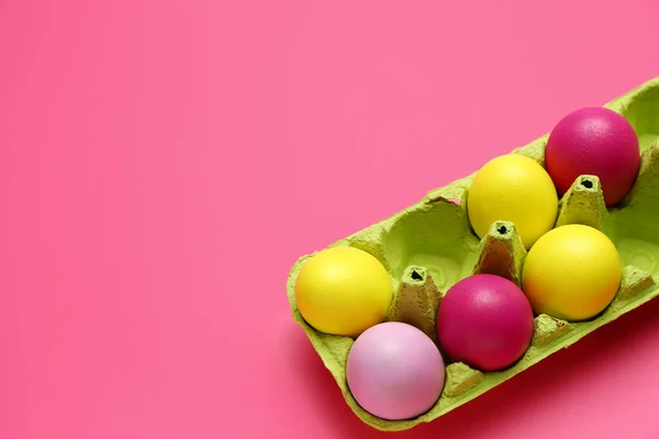 Holder Painted Easter Eggs Color Background Closeup — Stock Photo, Image