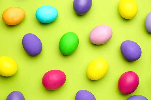 Painted Easter Eggs Color Background Top View — Stock Photo, Image