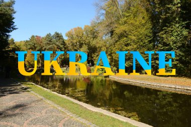 Sonbahar parkındaki güzel gölet ve ağaçların manzarası. Ukrayna 'yı Ziyaret Et