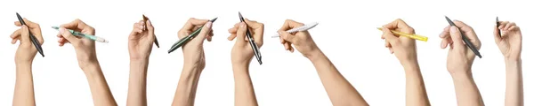 Weibliche Hände Mit Verschiedenen Stiften Auf Weißem Hintergrund — Stockfoto