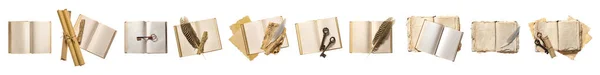 Collection Old Books Feather Pens Keys Scrolls White Background Top — Stock Photo, Image