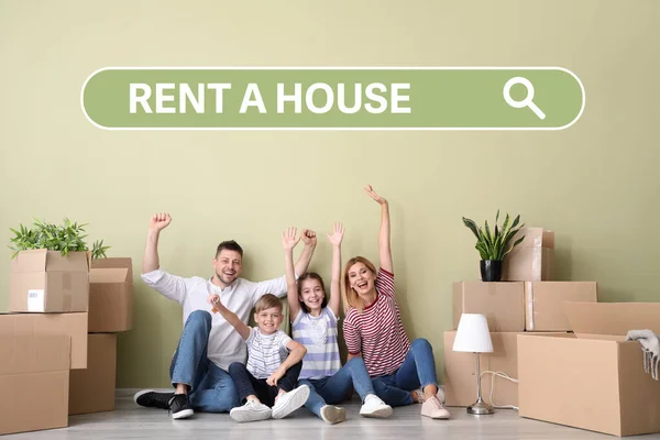 Happy Family Belongings Keys New Home Rent House — Stock Photo, Image