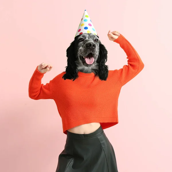 Dansende Vrouw Met Het Hoofd Van Hond Verjaardagshoed Roze Achtergrond — Stockfoto