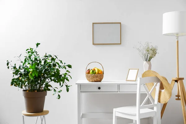 White Workplace Fruit Basket Light Wall — Stock Photo, Image