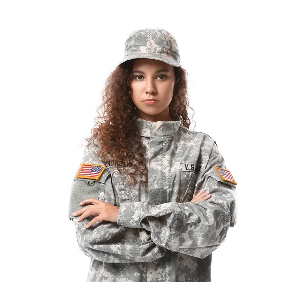 Tentara Wanita Afrika Amerika Dengan Latar Belakang Putih — Stok Foto