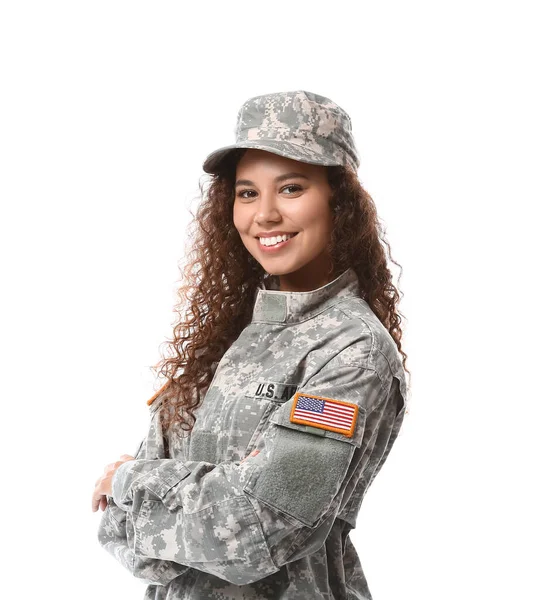 Mujer Soldado Afroamericana Sobre Fondo Blanco —  Fotos de Stock