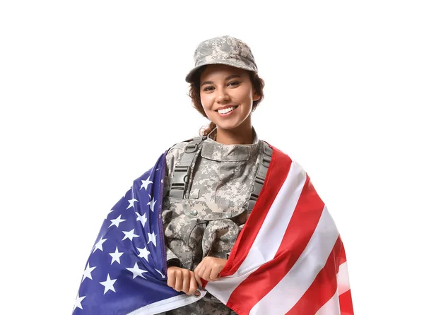Afroamerikansk Kvinnlig Soldat Med Usa Flagga Vit Bakgrund — Stockfoto