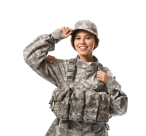Afroamerikansk Kvinnlig Soldat Vit Bakgrund — Stockfoto