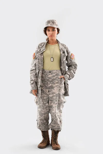 African American Female Soldier Light Background — Stock Photo, Image